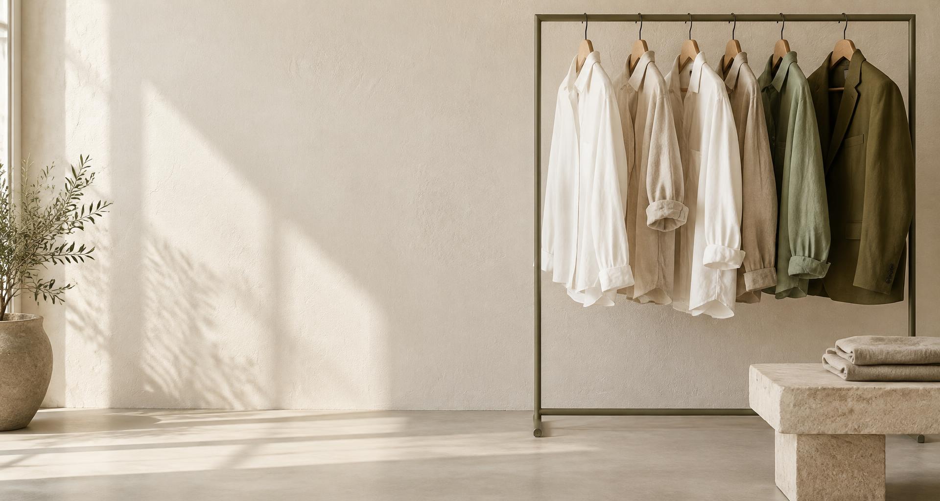Illustrative collection of neutral and olive apparel on a clothing rack